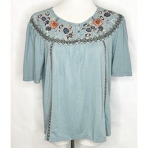 Sundance Embroidered Floral Lace Boho Peasant Short Sleeve Cotton Top